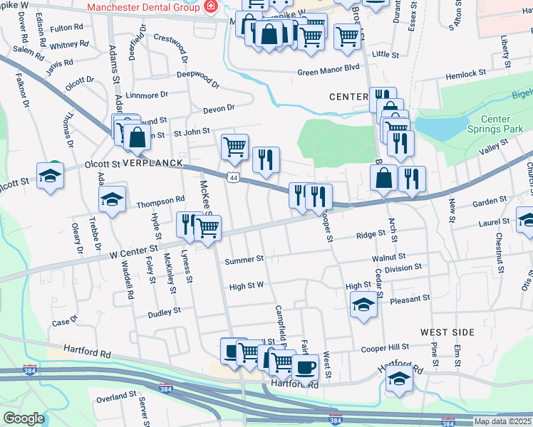 map of restaurants, bars, coffee shops, grocery stores, and more near 36 Proctor Road in Manchester