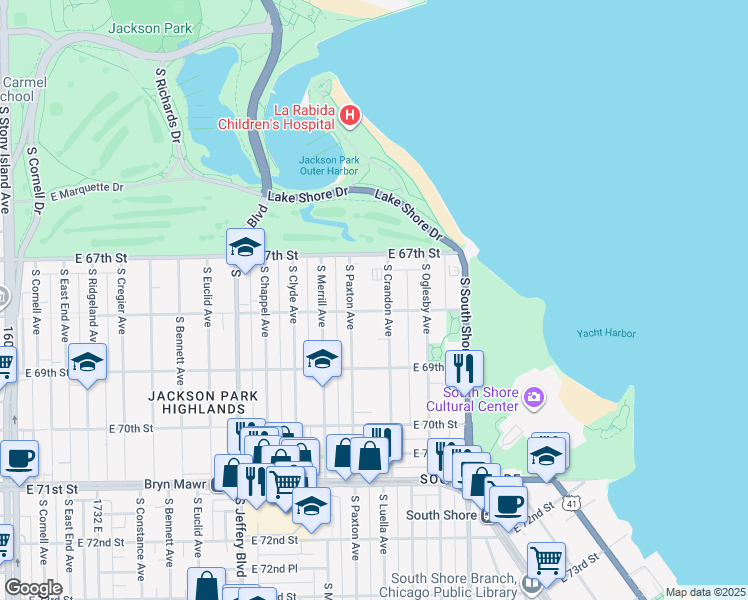 map of restaurants, bars, coffee shops, grocery stores, and more near 2232 East 68th Street in Chicago