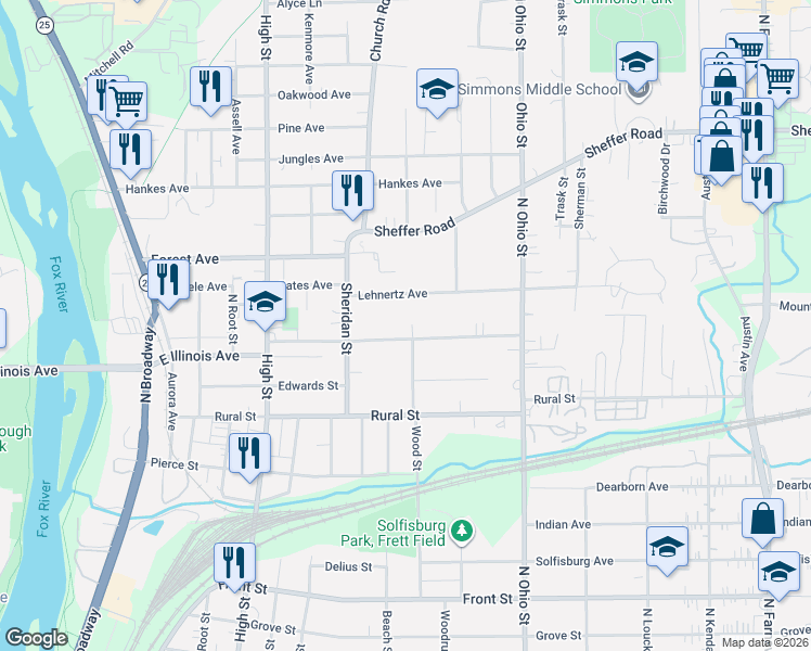 map of restaurants, bars, coffee shops, grocery stores, and more near 820 Mountain Street in Aurora