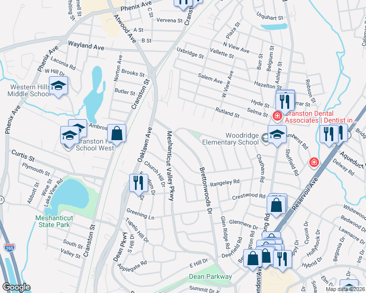 map of restaurants, bars, coffee shops, grocery stores, and more near 33 Brettonwoods Dr in Cranston