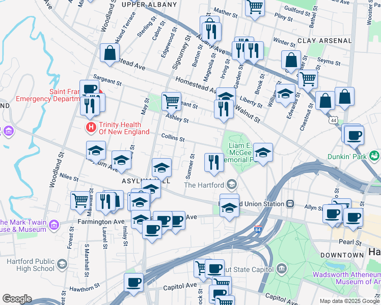 map of restaurants, bars, coffee shops, grocery stores, and more near 79 Sumner Street in Hartford