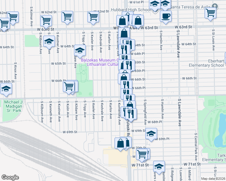map of restaurants, bars, coffee shops, grocery stores, and more near 6637 South Karlov Avenue in Chicago
