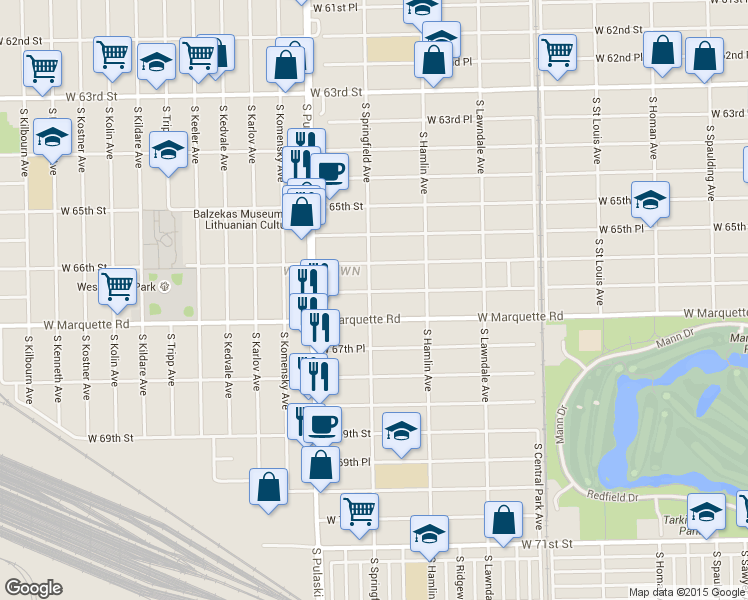 map of restaurants, bars, coffee shops, grocery stores, and more near 3859 West 66th Place in Chicago