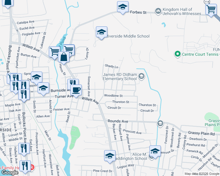 map of restaurants, bars, coffee shops, grocery stores, and more near 2 Primrose Drive in East Providence