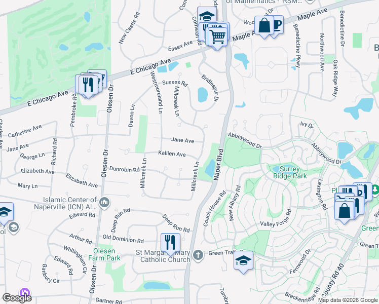 map of restaurants, bars, coffee shops, grocery stores, and more near 1431 Kallien Avenue in Naperville
