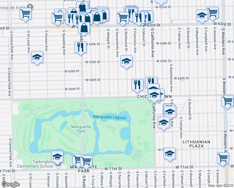 map of restaurants, bars, coffee shops, grocery stores, and more near 6650 South Sacramento Avenue in Chicago