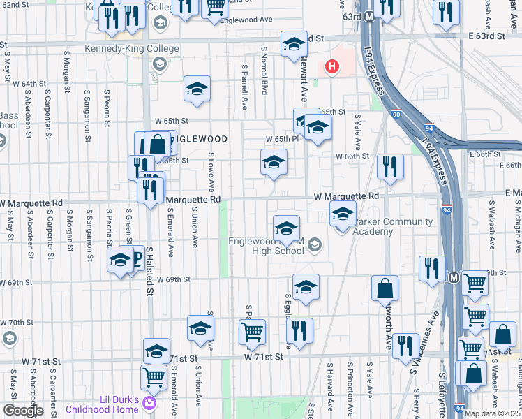 map of restaurants, bars, coffee shops, grocery stores, and more near 6716 South Normal Boulevard in Chicago