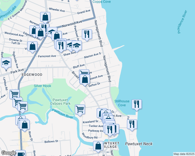 map of restaurants, bars, coffee shops, grocery stores, and more near 88 Massasoit Avenue in Cranston