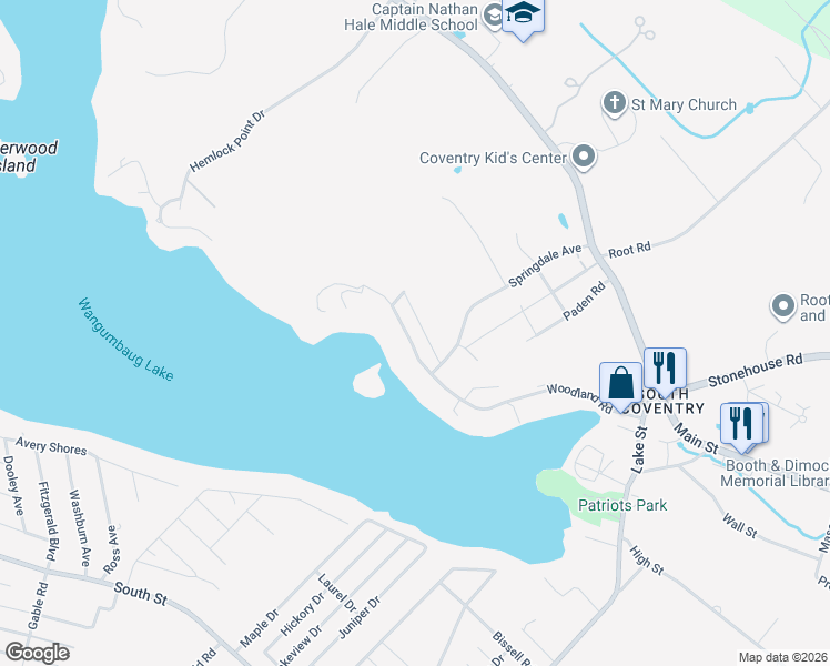 map of restaurants, bars, coffee shops, grocery stores, and more near 276 Woodland Road in Coventry