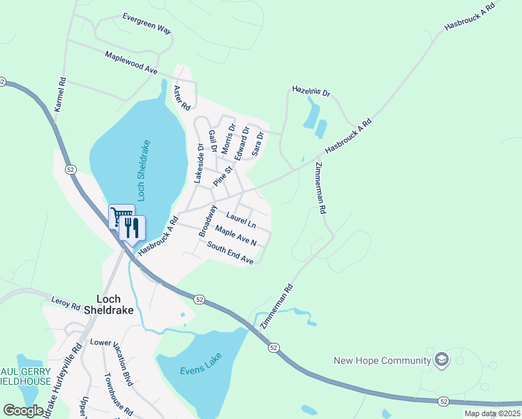 map of restaurants, bars, coffee shops, grocery stores, and more near 13 North End Avenue in Loch Sheldrake