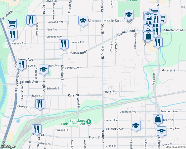 map of restaurants, bars, coffee shops, grocery stores, and more near 954 Mountain Street in Aurora