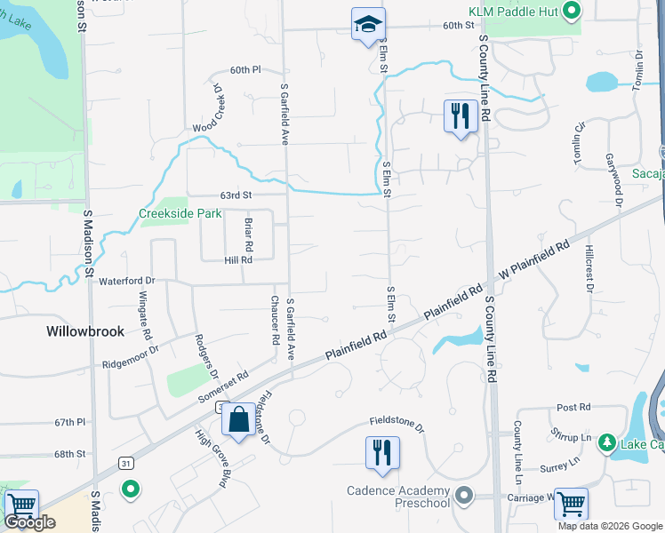 map of restaurants, bars, coffee shops, grocery stores, and more near 6431 Garfield Ridge Court in Burr Ridge