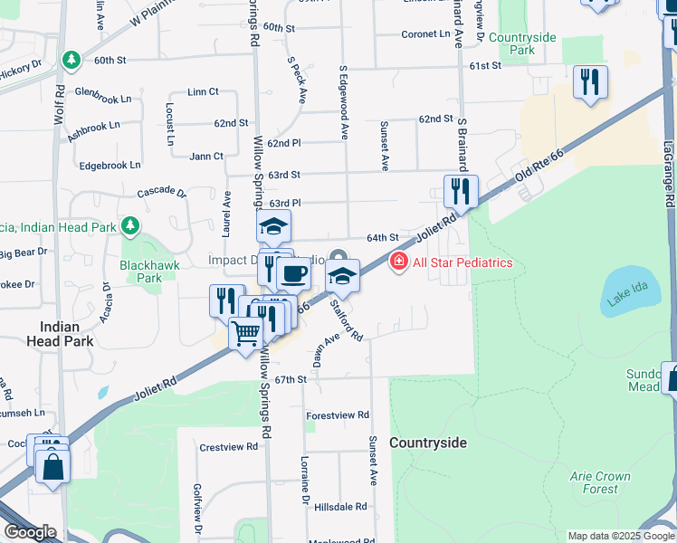 map of restaurants, bars, coffee shops, grocery stores, and more near 6475 Joliet Road in La Grange Highlands