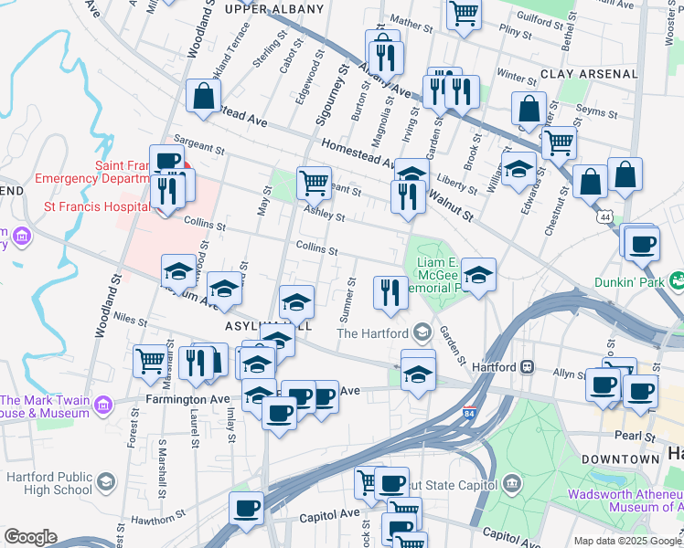 map of restaurants, bars, coffee shops, grocery stores, and more near 79 Sumner Street in Hartford