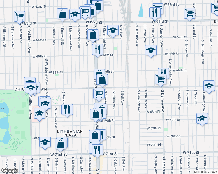 map of restaurants, bars, coffee shops, grocery stores, and more near 2320 West Marquette Road in Chicago