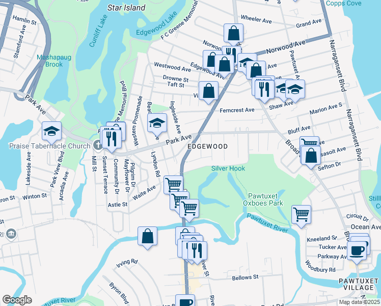 map of restaurants, bars, coffee shops, grocery stores, and more near 190 Warwick Avenue in Cranston