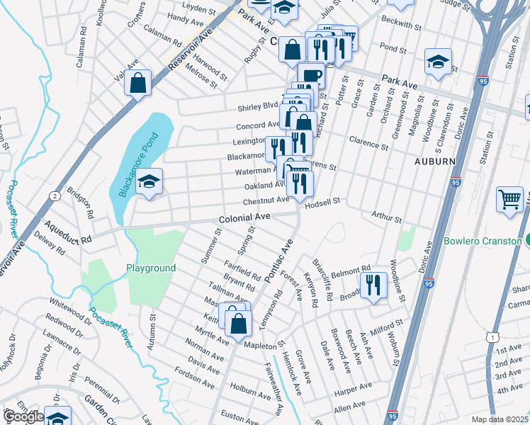 map of restaurants, bars, coffee shops, grocery stores, and more near 41 Colonial Avenue in Cranston