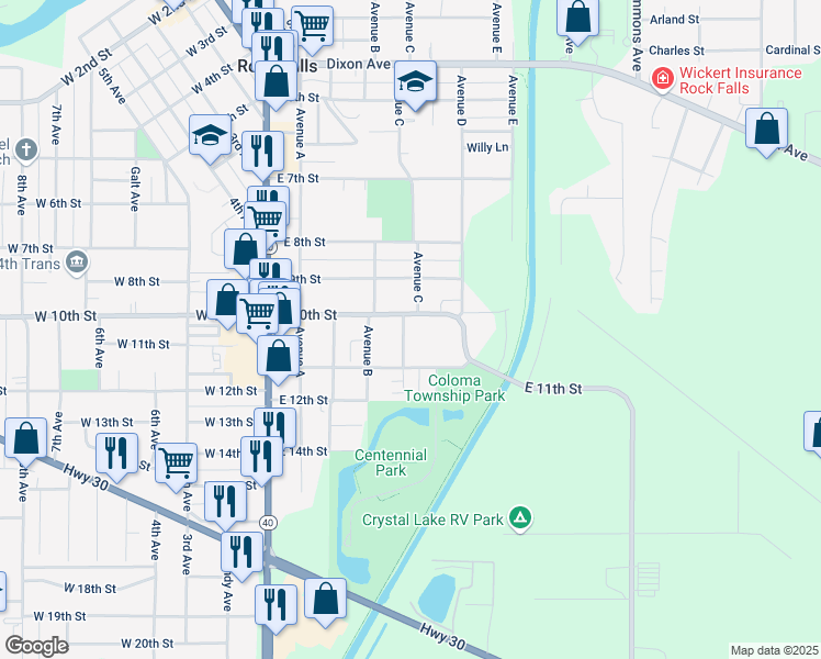 map of restaurants, bars, coffee shops, grocery stores, and more near 1003 Avenue C in Rock Falls
