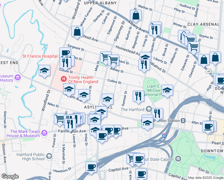 map of restaurants, bars, coffee shops, grocery stores, and more near 57 Huntington Street in Hartford