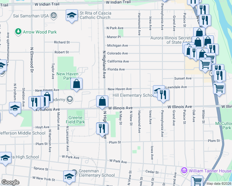 map of restaurants, bars, coffee shops, grocery stores, and more near 741 Gillette Avenue in Aurora