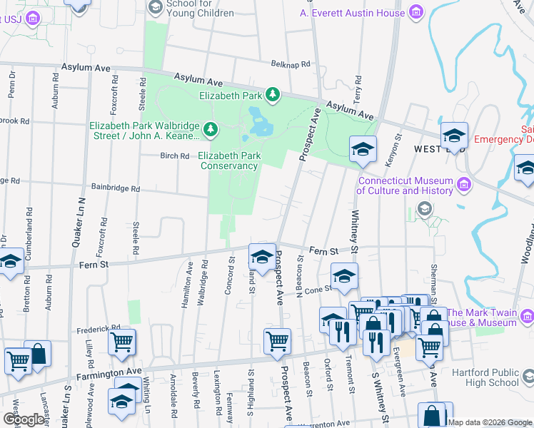 map of restaurants, bars, coffee shops, grocery stores, and more near 791 Prospect Avenue in Hartford