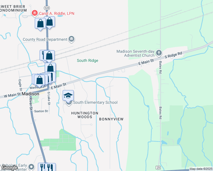 map of restaurants, bars, coffee shops, grocery stores, and more near 399 Kim Drive in Madison