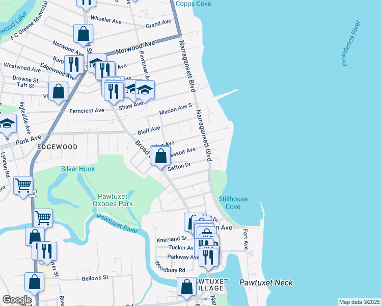 map of restaurants, bars, coffee shops, grocery stores, and more near 88 Massasoit Avenue in Cranston