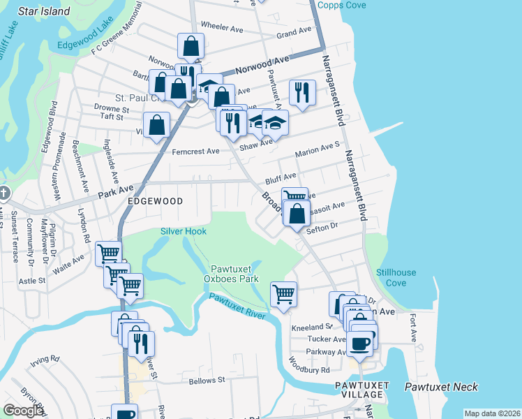 map of restaurants, bars, coffee shops, grocery stores, and more near 23 Alhambra Circle in Cranston