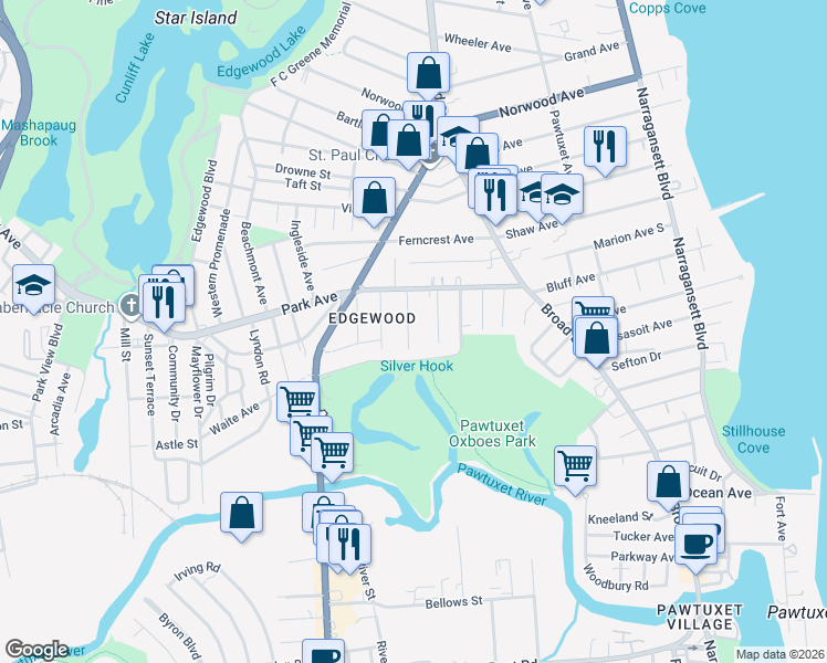 map of restaurants, bars, coffee shops, grocery stores, and more near 40 River Street in Cranston