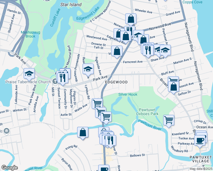map of restaurants, bars, coffee shops, grocery stores, and more near 190 Warwick Avenue in Cranston