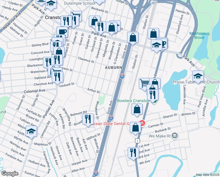 map of restaurants, bars, coffee shops, grocery stores, and more near 439 Doric Avenue in Cranston