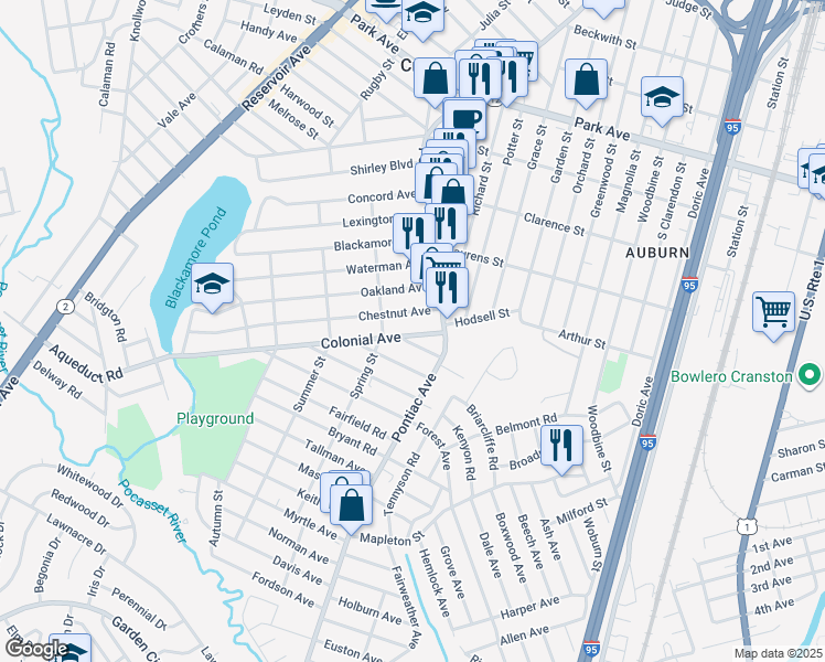 map of restaurants, bars, coffee shops, grocery stores, and more near 565 Pontiac Avenue in Cranston
