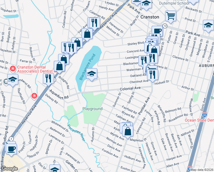 map of restaurants, bars, coffee shops, grocery stores, and more near 140 Chestnut Avenue in Cranston