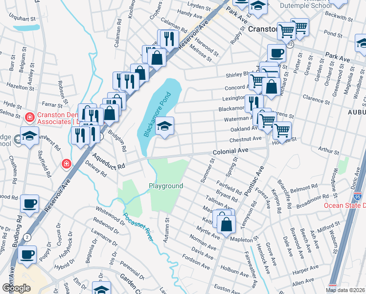 map of restaurants, bars, coffee shops, grocery stores, and more near 160 Chestnut Avenue in Cranston