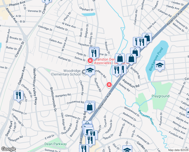map of restaurants, bars, coffee shops, grocery stores, and more near 90 Sheffield Road in Cranston