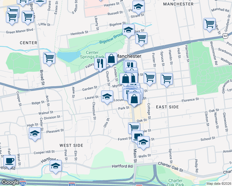 map of restaurants, bars, coffee shops, grocery stores, and more near 73 Church Street in Manchester