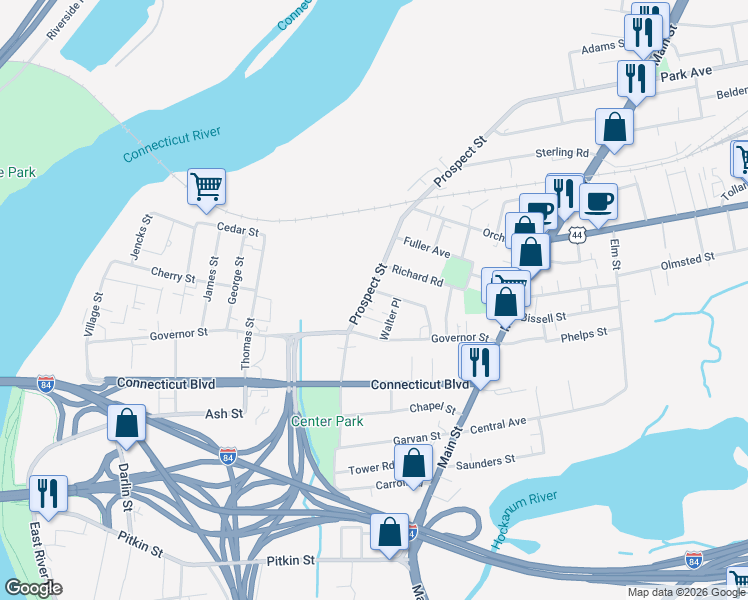 map of restaurants, bars, coffee shops, grocery stores, and more near 9 Ellsworth Street in East Hartford