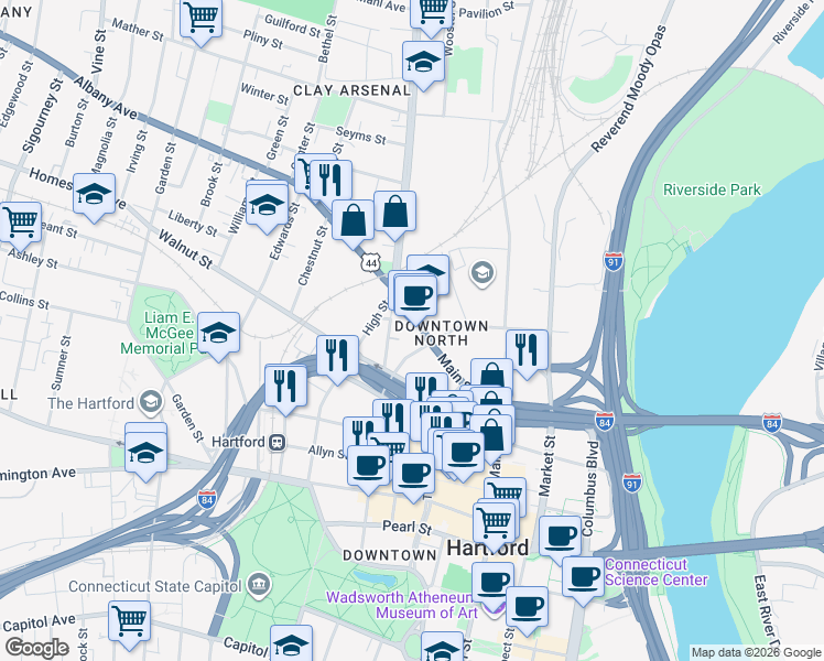 map of restaurants, bars, coffee shops, grocery stores, and more near 1297 Main Street in Hartford