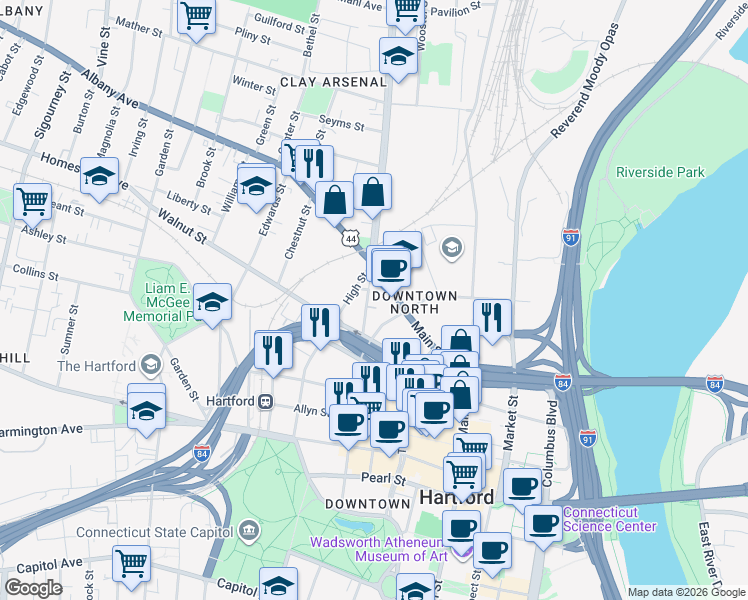 map of restaurants, bars, coffee shops, grocery stores, and more near 1297 Main Street in Hartford