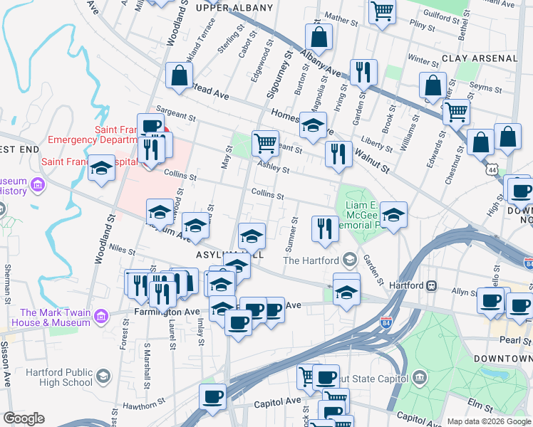 map of restaurants, bars, coffee shops, grocery stores, and more near 57 Huntington Street in Hartford