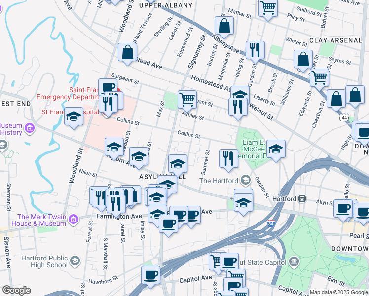 map of restaurants, bars, coffee shops, grocery stores, and more near 57 Huntington Street in Hartford