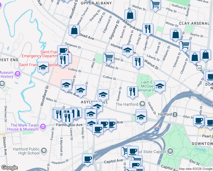 map of restaurants, bars, coffee shops, grocery stores, and more near 57 Huntington Street in Hartford