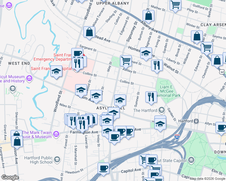 map of restaurants, bars, coffee shops, grocery stores, and more near 188 Sigourney Street in Hartford