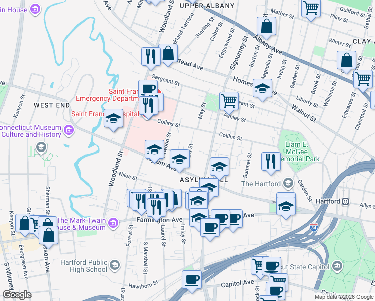 map of restaurants, bars, coffee shops, grocery stores, and more near 3450 Willard Street in Hartford