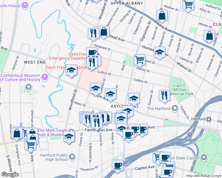 map of restaurants, bars, coffee shops, grocery stores, and more near 19 Townley Street in Hartford