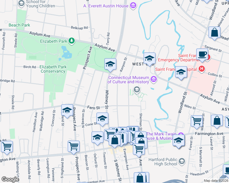 map of restaurants, bars, coffee shops, grocery stores, and more near 149 Kenyon Street in Hartford