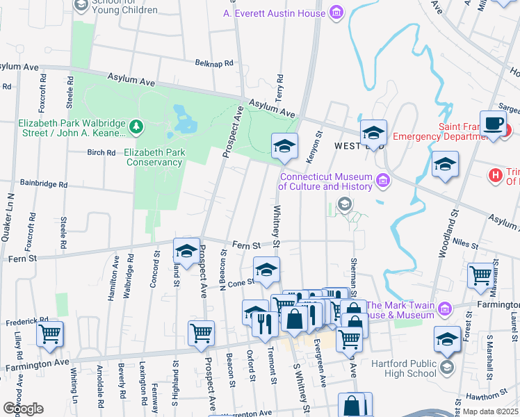 map of restaurants, bars, coffee shops, grocery stores, and more near 256 Oxford Street in Hartford