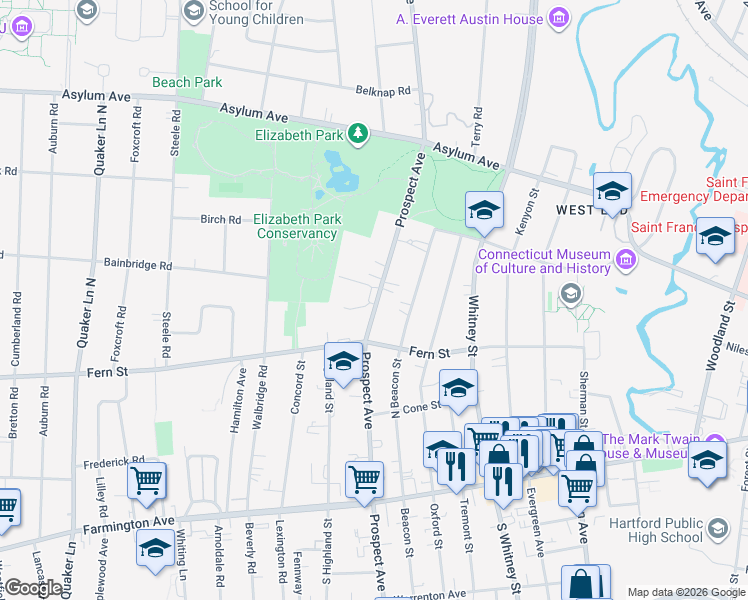 map of restaurants, bars, coffee shops, grocery stores, and more near 796 Prospect Avenue in Hartford