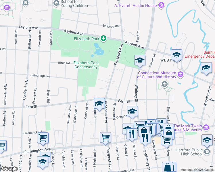 map of restaurants, bars, coffee shops, grocery stores, and more near 796 Prospect Avenue in Hartford