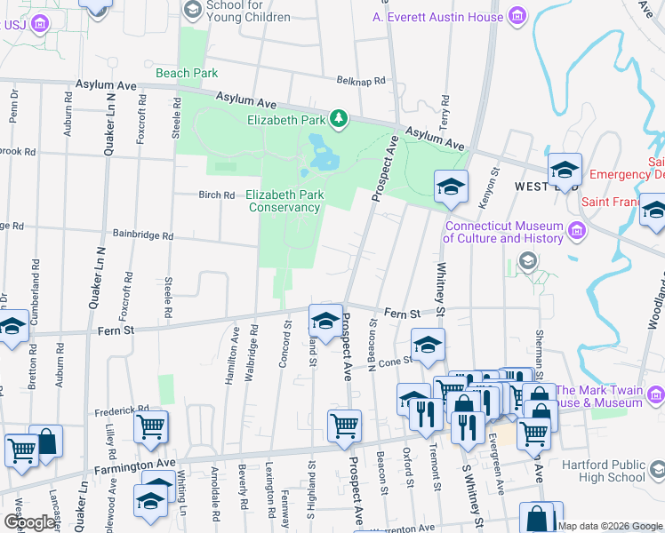 map of restaurants, bars, coffee shops, grocery stores, and more near 791 Prospect Avenue in Hartford